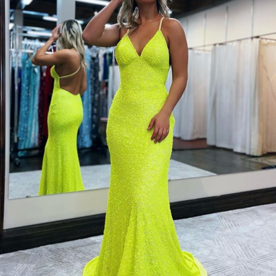 Sparkly mermaid backless v neck yellow sequins prom dresses - Thumbnail 2