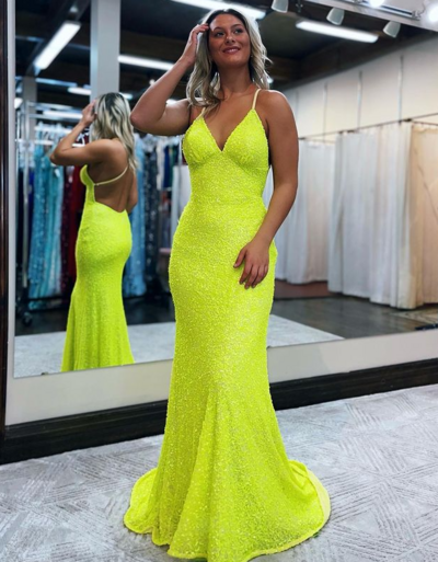 Sparkly Mermaid Backless V Neck Yellow Sequins Prom Dresses