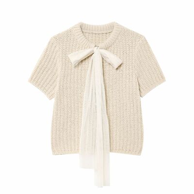 Organza short-sleeved knitted top with bow