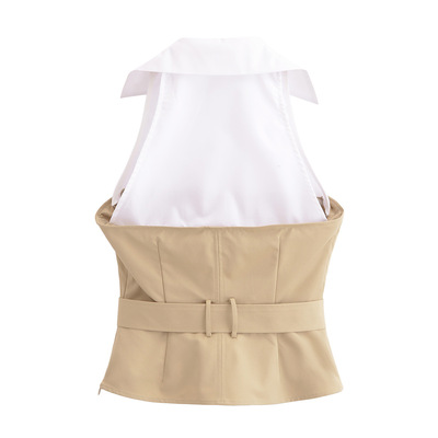 Fashionable belt halter neck patchwork top