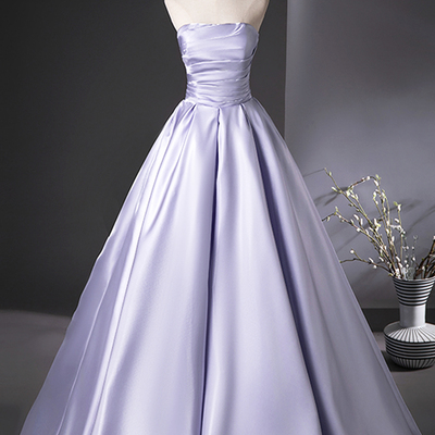Lilac satin long a-line prom dress, beautiful strapless party dress - Thumbnail 2
