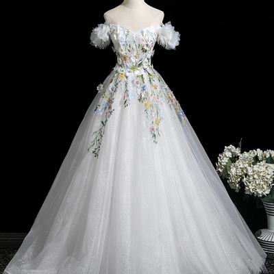 Lovely white floral long party dress, a-line off the shoulder evening prom dress - Thumbnail 1