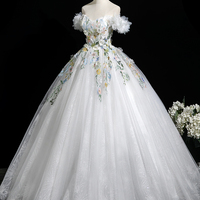 Lovely White Floral Long Party Dress, A-Line Off the Shoulder Evening Prom Dress - Thumbnail 2