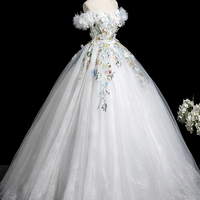 Lovely White Floral Long Party Dress, A-Line Off the Shoulder Evening Prom Dress - Thumbnail 3