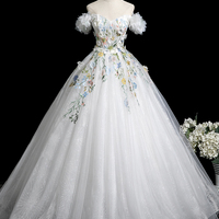 Lovely White Floral Long Party Dress, A-Line Off the Shoulder Evening Prom Dress - Thumbnail 5