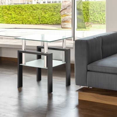 1-piece modern tempered glass coffee table end table – transparent/black, square tea table for living room