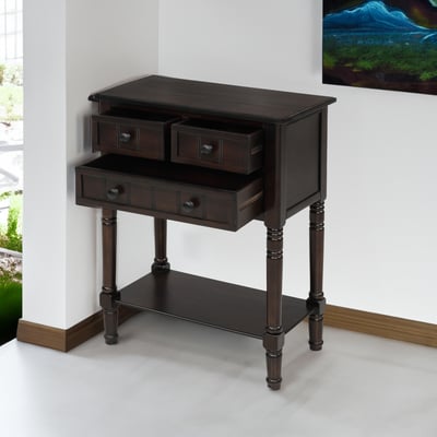 Trexm narrow console table – slim espresso sofa table with 3 storage drawers & bottom shelf, solid wood, easy assembly