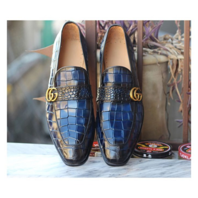 Handmade men blue crocodile/alligator leather moccasin loafers dress shoes - Thumbnail 2
