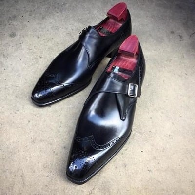Handmade black calf leather wingtip monk strap dress shoes - Thumbnail 2
