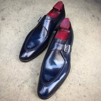 Handmade men blue leather monk strap dress shoes - Thumbnail 1