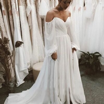 A line long sleeve chiffon beach boho wedding dress bridal gown wedding gown
