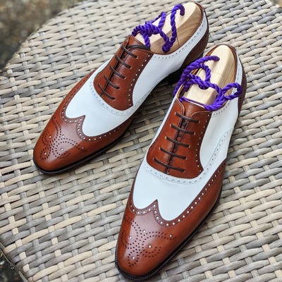 Handmade men brown white calf leather wingtip oxford lace up dress shoes - Thumbnail 2