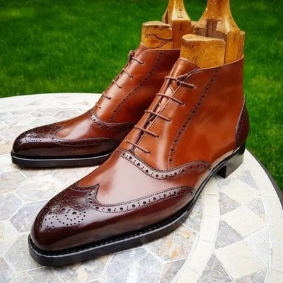 Handmade men brown leather ankle high boot
