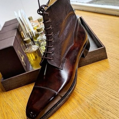 Handmade men dark brown grain leather ankle high lace up  balmoral boot - Thumbnail 4