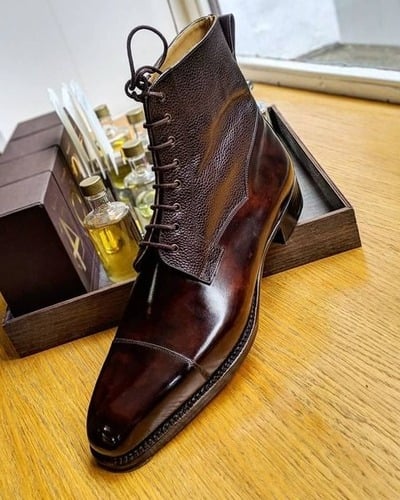 Handmade Men Dark Brown Grain Leather Ankle High Lace up  Balmoral Boot