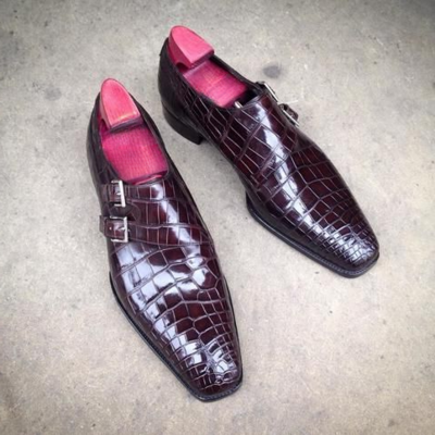 Handmade Men Brown Crocodile Leather Monk Strap Dress Shoes