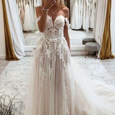 A line off the shoulder lace wedding dress bridal gown wedding gown