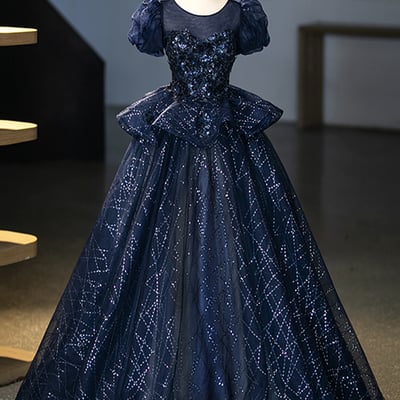 Navy tulle sequins long prom party dress, elegant a-line evening dress - Thumbnail 1