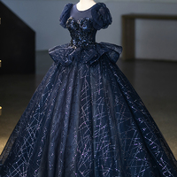 Navy Tulle Sequins Long Prom Party Dress, Elegant A-Line Evening Dress - Thumbnail 1