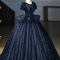 Navy Tulle Sequins Long Prom Party Dress, Elegant A-Line Evening Dress - Thumbnail 2