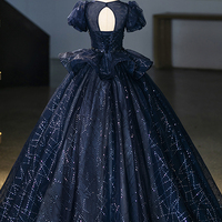 Navy Tulle Sequins Long Prom Party Dress, Elegant A-Line Evening Dress - Thumbnail 3