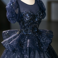 Navy Tulle Sequins Long Prom Party Dress, Elegant A-Line Evening Dress - Thumbnail 4