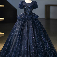 Navy Tulle Sequins Long Prom Party Dress, Elegant A-Line Evening Dress - Thumbnail 5