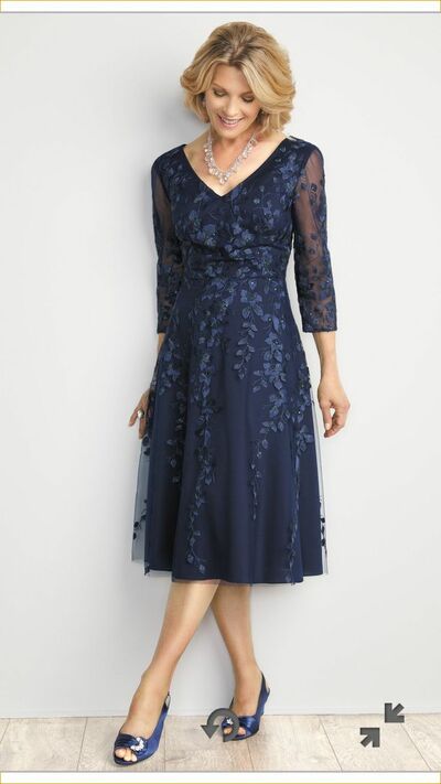 Elegant Navy Blue Lace Tea-length Mother of the Bride/Groom Dress Evening Formal Prom Dress