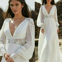 Simple A Line Deep V-neck Long Sleeve Chiffon Wedding Dress Bridal Gown Wedding Gown - Thumbnail 1