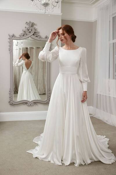 Simple A Line Long Sleeve Chiffon Wedding Dress Bridal Gown Wedding Gown