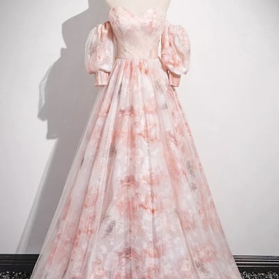 Pink tulle printed long prom dress, beautiful a-line party dress - Thumbnail 1