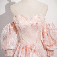 Pink Tulle Printed Long Prom Dress, Beautiful A-line Party Dress - Thumbnail 1