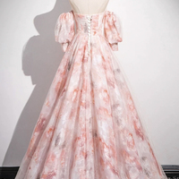 Pink Tulle Printed Long Prom Dress, Beautiful A-line Party Dress - Thumbnail 2