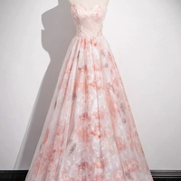 Pink Tulle Printed Long Prom Dress, Beautiful A-line Party Dress - Thumbnail 5