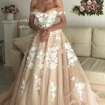 Champagne off the shoulder  appliques tulle wedding dress bridal gown wedding gown