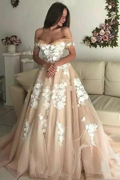 Champagne Off the Shoulder  Appliques Tulle Wedding Dress Bridal Gown Wedding Gown