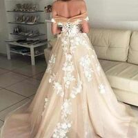 Champagne Off the Shoulder  Appliques Tulle Wedding Dress Bridal Gown Wedding Gown - Thumbnail 1