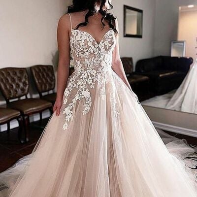 Champagne v-neck appliques tulle wedding dress bridal dress