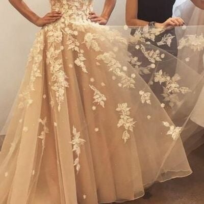 Champagne appliques tulle wedding dress bridal dress
