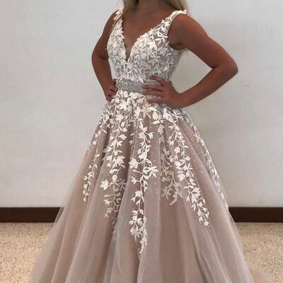 A-line champagne appliques tulle long wedding dress bridal dress