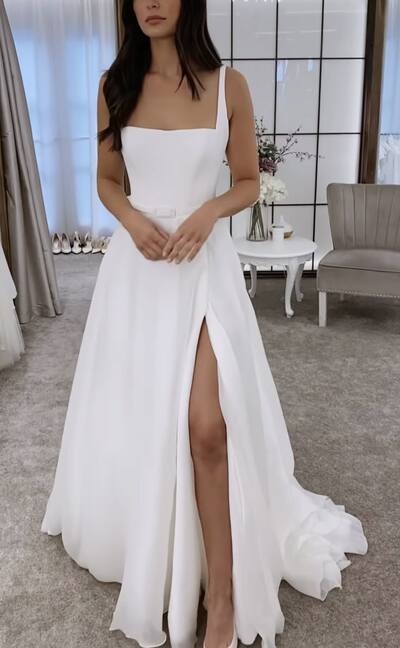 Simple A Line Scoop Beach Boho Wedding Dress Bridal Gown Wedding Gown