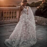 3D Flowers  Appliques Tulle Long Wedding Dress Bridal Dress - Thumbnail 2