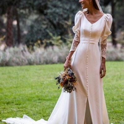 Simple sheath 3/4 long sleeve lace wedding dress bridal gown wedding gown