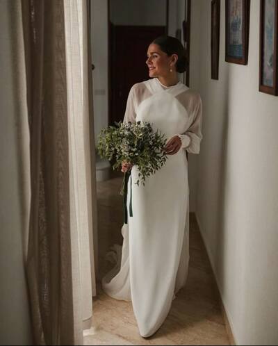 Simple Sheath Long Sleeve Beach Boho Wedding Dress Bridal Gown Wedding Gown