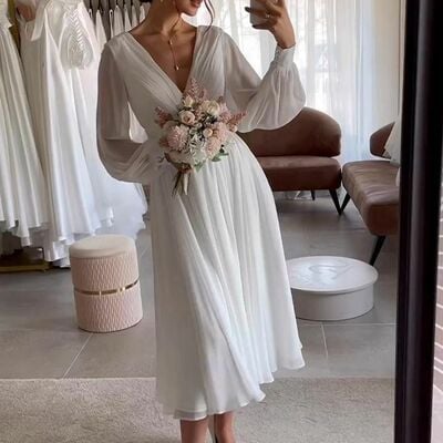 Simple a line chiffon tea-length wedding dress bridal gown wedding gown