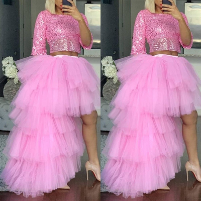 Two piece fuchsia prom gown sequins top tiered skirt  - Thumbnail 1