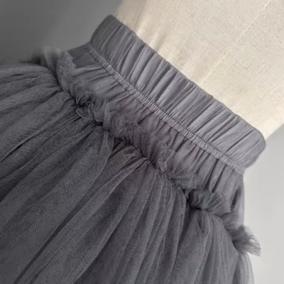 Gray/pink high-low tiered tulle maxi skirt