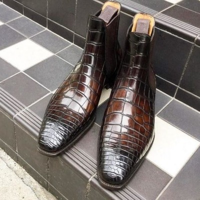 Handmade men brown patina crocodile leather chelsea boot - Thumbnail 2