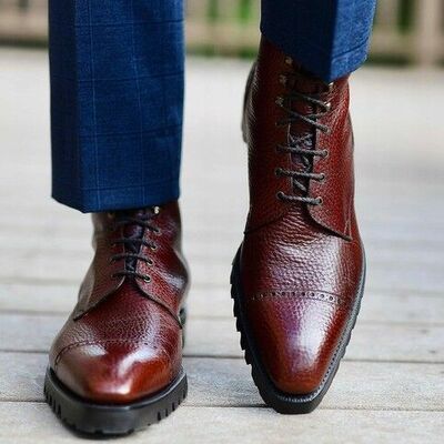 Handmade men red grain leather ankle high balmoral boot