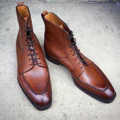 Handmade Men Brown Grain Leather Ankle High Lace up Boot